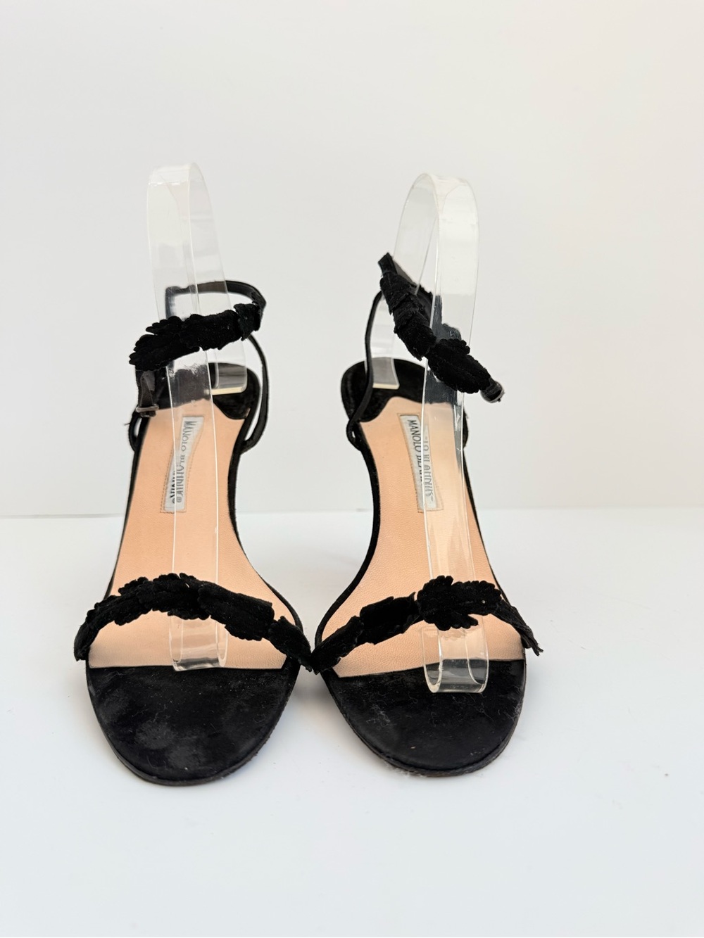 Rare Vintage Manolo Blahnik Black Suede Leaf Wraparound Ankle Tie Heels 41